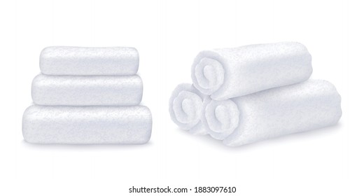 Stacks of rolled folded fluffy terry towels, realistic vector illustration isolated on white background. Template or mockup of folded white blank bath towels.