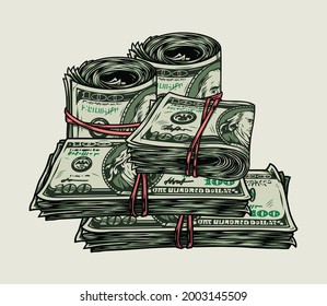 Stacks and rolls of dollar bills in vintage style isolated vector illustration