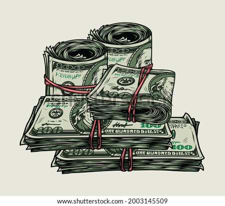 Stacks and rolls of dollar bills in vintage style isolated vector illustration
