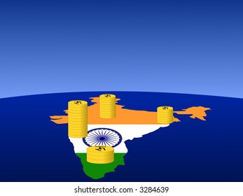 Stapel von Rupee-Münzen mit Karte und Flagge Indiens