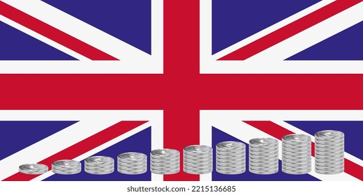 Stacks of silver pound coins on the background of the UK flag.