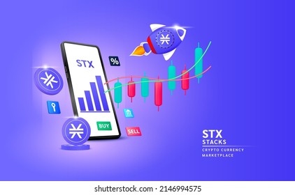 Stacks (STX) coin crypto currency and spaceship flying leave smartphone to the sky on stock chart. App for trading token in stock market. Mobile banking cryptocurrency. 3d Vector. 