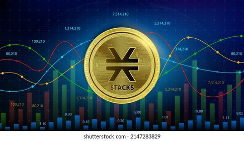 Stacks (STX) coin Cryptocurrency blockchain. Future digital currency replacement technology alternative currency, Silver golden stock chart number up down is background. 3D Vector illustration.