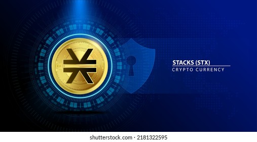 Stacks (STX) coin gold. Cryptocurrency blockchain. Future digital (crypto currency) currency replacement technology concept. On blue background. 3D Vector illustration.