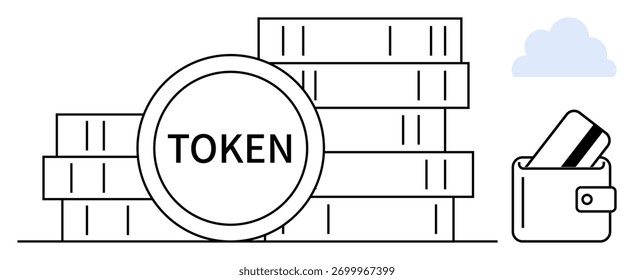 Pilhas de tokens rotuladas como TOKEN ao lado de uma carteira que contém um cartão de crédito e uma nuvem acima. Ideal para finanças, criptomoeda, carteiras digitais, transações on-line, fintech, segurança, investimento. Linha