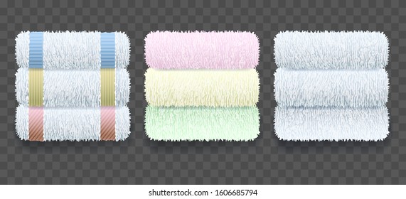 Stacks of towels. Vector terry towels pile set, clean white and coloured stacked towel set for hotel bathroom hygiene