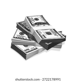 Pilhas de notas de dólar americano em estilo de meio-tom preto e branco. Feixes de dinheiro simbolizando riqueza, finanças e lucro, textura retro ponto, ilustração gráfica mínima isolada no fundo branco.