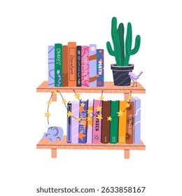 Stacks of various books on bookshelves. Home library collection with educational literature, novels, encyclopedias. World Book Day or Back to School concept. Isolated flat illustration on white.