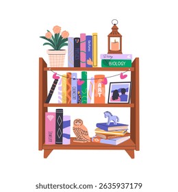 Pilhas de vários livros em estantes. Coleção de bibliotecas caseiras com literatura educativa, romances, enciclopédias. Dia Mundial do Livro, conceito Back to School ou Book Fair. Ilustração plana isolada.