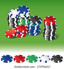 Stacks of various gambling chips on green background and single chips isolated on white