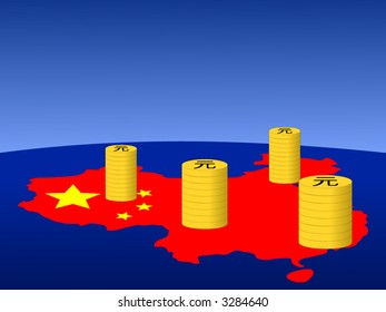 stacks of Yuan coins with map and flag of China