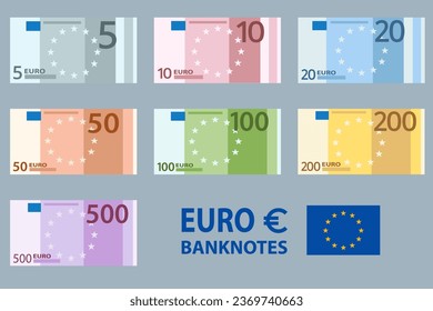 Pilas de billetes en denominaciones de 5,10, 20, 50, 100, 200 y 500 euros sobre fondo blanco. Dinero en papel de la Unión Europea cinco, diez, veinte, cincuenta, ciento, doscientos, quinientos euros.