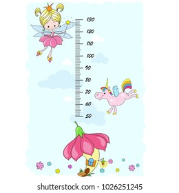 Stadiometer for children. Fairy tale characters. Fairy, unicorn, clouds on a blue background. Vector cartoon illustration.