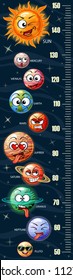 Stadiometer. Height measure. Meter wall with cute cartoon planets of the solar system