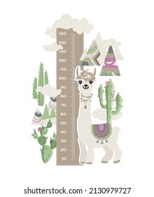 Stadiometer llama for kids Meter wall or height chart centimeter and foot, pastel colors, animal isolated on white background.