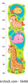 stadiometer wall or height meter from  centimeter with giraffe and whale, horse, fish, sea, lake, vector, illustration