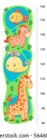 stadiometer wall or height meter from  centimeter with giraffe and whale, horse, fish, sea, lake, vector, illustration