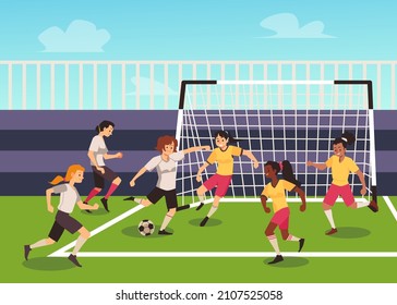 Stadium arena with women football or soccer teams competition, flat cartoon vector illustration. Football or soccer female players cartoon characters on match.