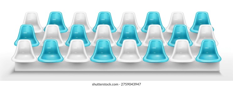 Stadium bench seats isolated on white background. Vector realistic illustration of blue white chairs in amphitheater rows, bleacher armchairs for match spectators comfort, sports arena design element