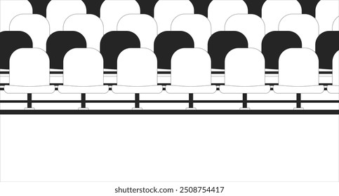 Gradas del estadio vacías ilustración de línea en blanco y negro. Tribunas de fútbol 2D interior monocromo telón de fondo. Arena Tribune. Asientos de campo de fútbol deportivo. Vacantes de estadio de béisbol esbozan Vector