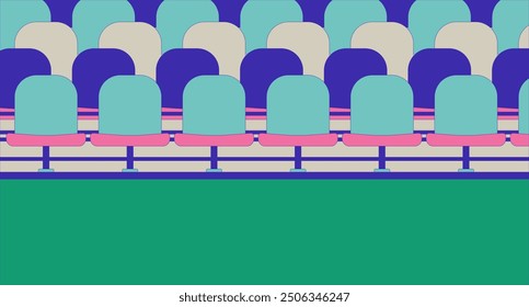 Stadium bleachers empty cartoon flat illustration. Football grandstands 2D interior colorful background. Arena tribune. Sports soccer field seating. Baseball stadium seats scene vector image