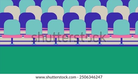 Stadium bleachers empty cartoon flat illustration. Football grandstands 2D interior colorful background. Arena tribune. Sports soccer field seating. Baseball stadium seats scene vector image