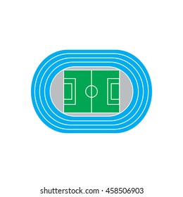 Stadium with blue running track. Vector icon isolated on white background. 