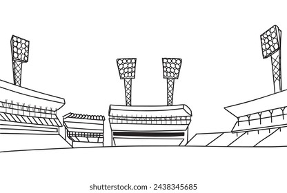 Stadium with cricket stadium lights, outline sketch for background