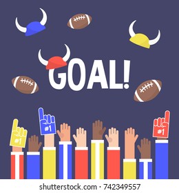 Stadium Crowd. Goal Sign. Raised Hands Wearing Foam Fingers. American Football Fans / Flat Editable Vector Illustration, Clip Art