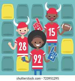 Stadium crowd. Interracial characters wearing american football uniforms, horned hats and foam fingers. American football fans / flat editable vector illustration, clip art