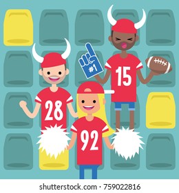 Stadium crowd. Interracial characters wearing american football uniforms, horned hats and foam fingers. Fans supporting their team / flat editable vector illustration, clip art