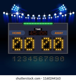 Stadium electronic sports scoreboard with soccer time and football match result display vector illustration.