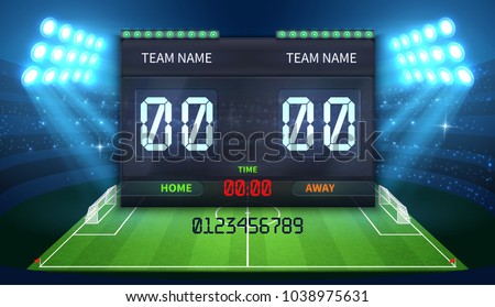 Stadium electronic sports scoreboard with soccer time and football match result display vector illustration