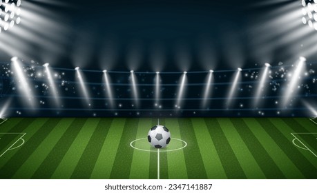 Stadium field with football ball and spotlights illumination, realistic illustration. Sports match or soccer tournament in arena with bright lights and shiny glowing for focusing attention