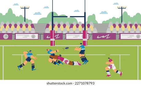 Campo de estadio con equipos de la liga de rugby, ilustración vectorial de caricatura plana. Juego deportivo de fútbol de rugby con jugadores corriendo con balón en el ruedo.