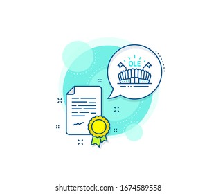 Stadium with flags sign. Certification complex icon. Sports arena line icon. Sport complex symbol. Certificate or diploma document. Sports arena sign. Vector