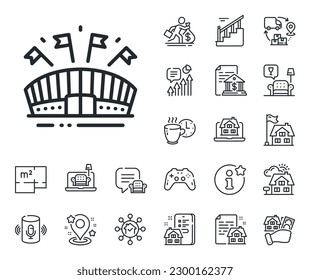 Stadium with flags sign. Floor plan, stairs and lounge room outline icons. Sports arena line icon. Sport complex symbol. Sports arena line sign. House mortgage, sell building icon. Real estate. Vector