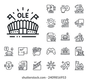 Stadium with flags sign. Floor plan, stairs and lounge room outline icons. Sports arena line icon. Sport complex symbol. Sports arena line sign. House mortgage, sell building icon. Real estate. Vector