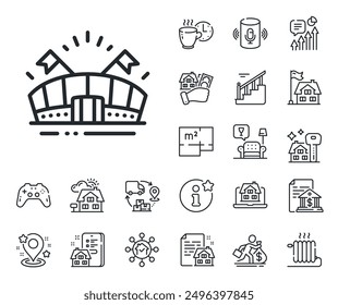 Estadio con banderas. Iconos del contorno del Plan del piso, las escaleras y la sala de estar. Icono de línea de arena deportiva. Símbolo complejo deportivo. Señal de línea de arena deportiva. Hipoteca de la casa, venda el icono del edificio. Bienes raíces. Vector