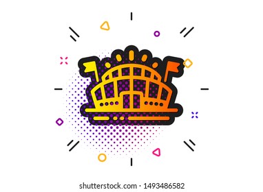 Stadium with flags sign. Halftone circles pattern. Sports arena icon. Sport complex symbol. Classic flat sports arena icon. Vector