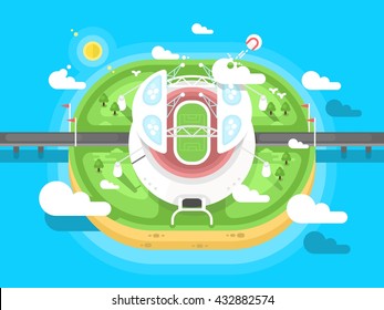 Stadium flat design. Sport football or soccer, design building for competition, vector illustration