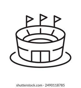 Stadium flat line icon with flags, symbolizing sports and events. Vector illustration.