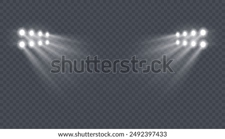 Stadium floodlight isolated set of LED strobe lights for lighting stage, stadium, podium, advertising presentations.