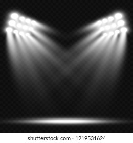 Stadium floodlights brightly illuminate evening or night sports games, concerts, shows, events. Isolated on a transparent background. Arenas of bright spotlights. Bright lights. Illuminated scene.