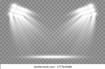 Stadium floodlights brightly illuminate evening or night sports games, concerts, shows, events. Isolated on a transparent background. Arenas of bright spotlights. Bright lights. Illuminated scene.