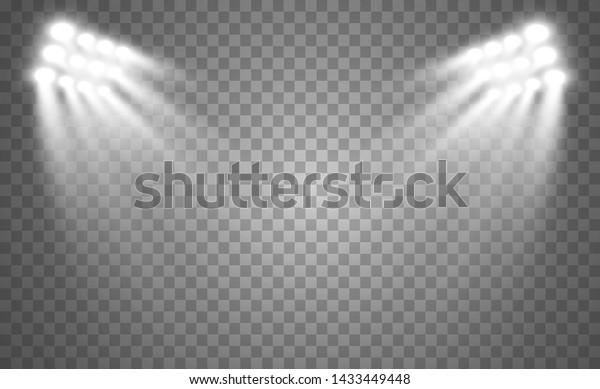 	\
Stadium floodlights brightly illuminate\
evening or night sports games, concerts, shows, events. Isolated on\
a transparent background. Arenas of bright spotlights. Bright\
lights. Illuminated\
scene.