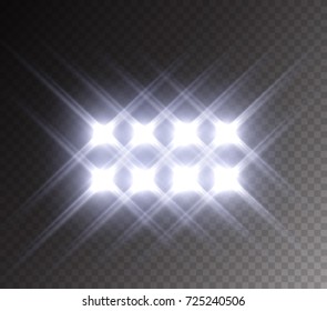 Stadium glowing light. White spotlight stage effect isolated on transparent background. Vector studio beam projector for your design