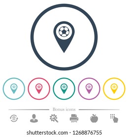Stadium GPS map location flat color icons in round outlines. 6 bonus icons included.