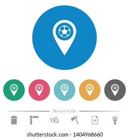 Stadium GPS map location flat white icons on round color backgrounds. 6 bonus icons included.