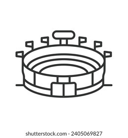 Diseño de la línea de iconos del estadio. Arena, edificio, ícono, tribuna, fútbol, fútbol, campo, espectadores ilustración vectorial. Icono de trazo editable del estadio.